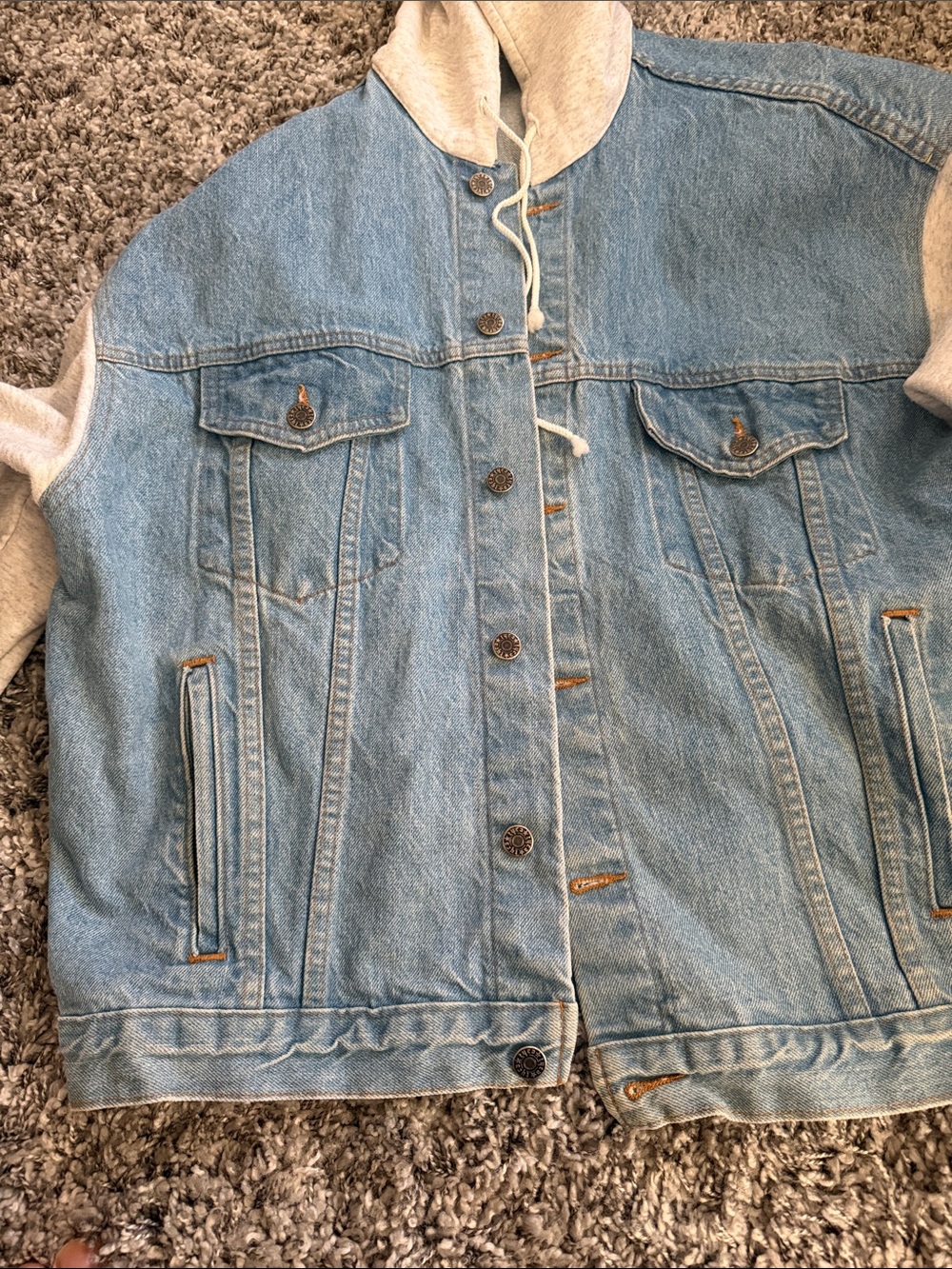 Light Blue Denim Hooded Shirt Jacket with Gray Knit Hood